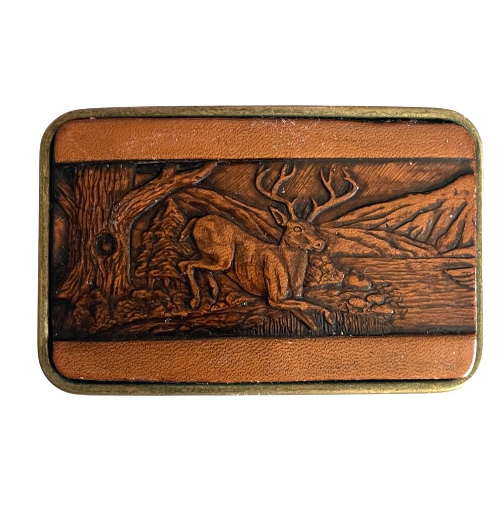 Century Canada Brown Leather Belt Buckle - Deer/Buck Vintage Tooled Stamped